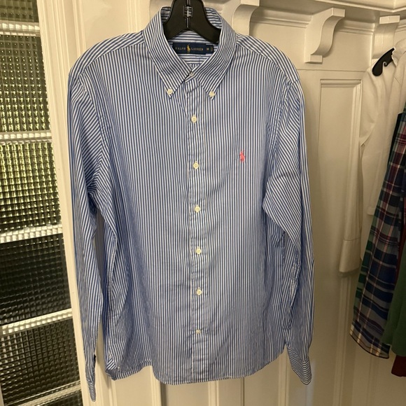 Ralph Lauren Mens M Blue & White Striped Long Sleeve Button Down Shirt Pink Pony - Picture 5 of 10
